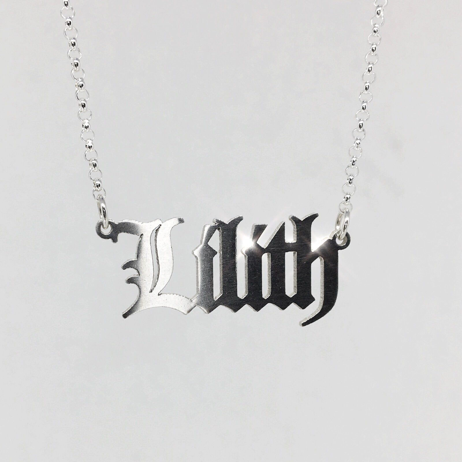 Sterling silver Lilith nameplate necklace in gothic blackletter font