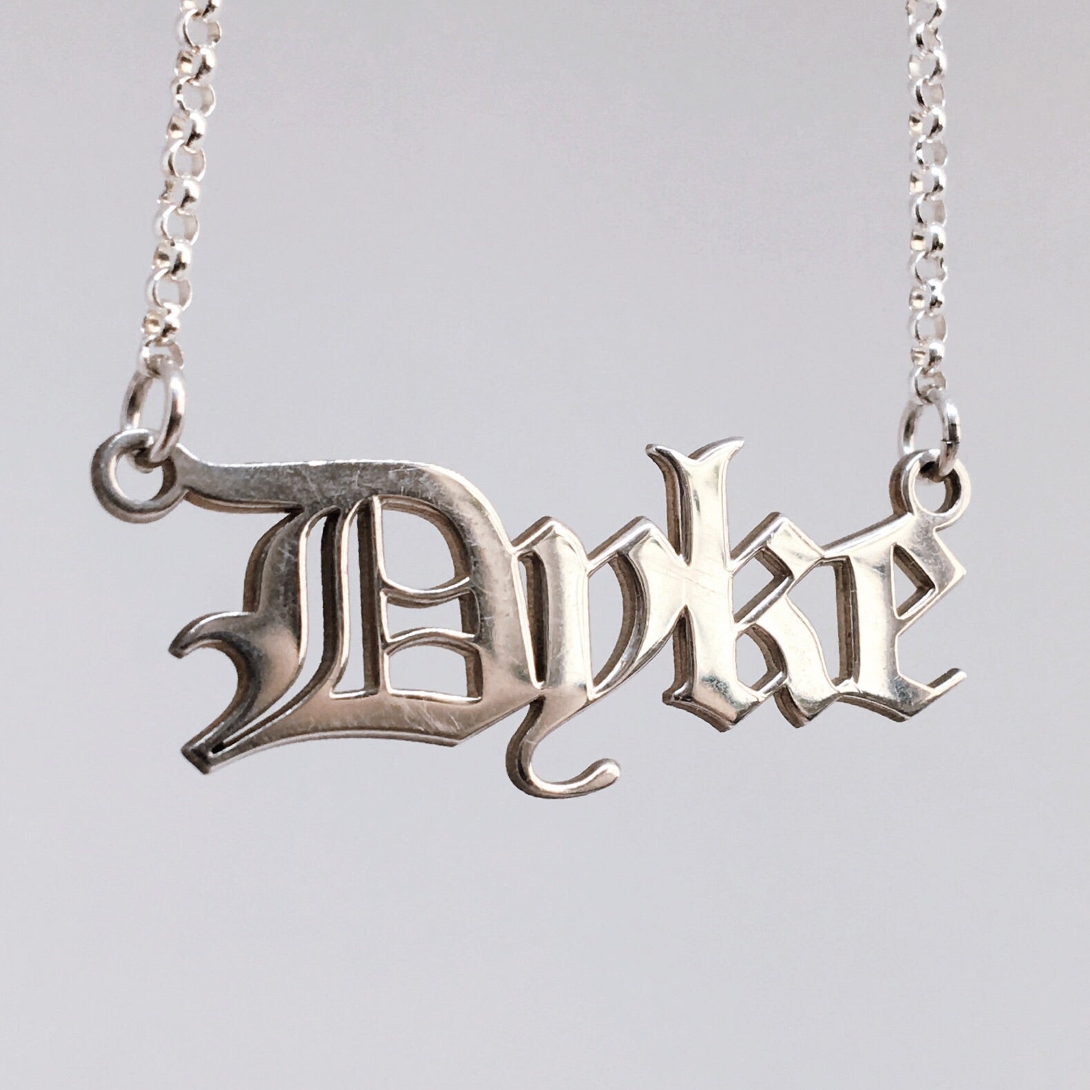 Gothic blackletter Dyke Necklace in solid sterling silver