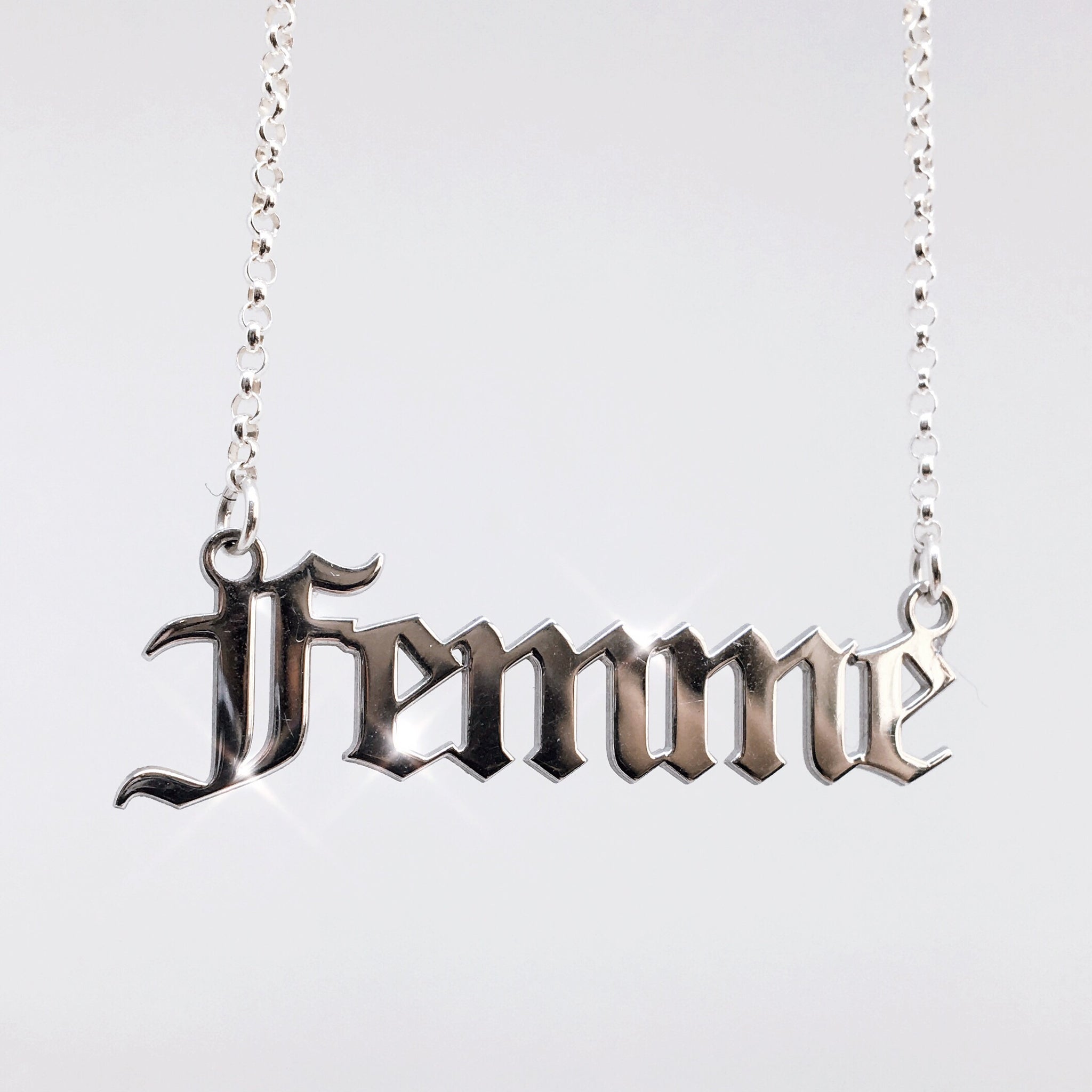 Gothic blackletter Femme Nameplate Necklace in sterling silver