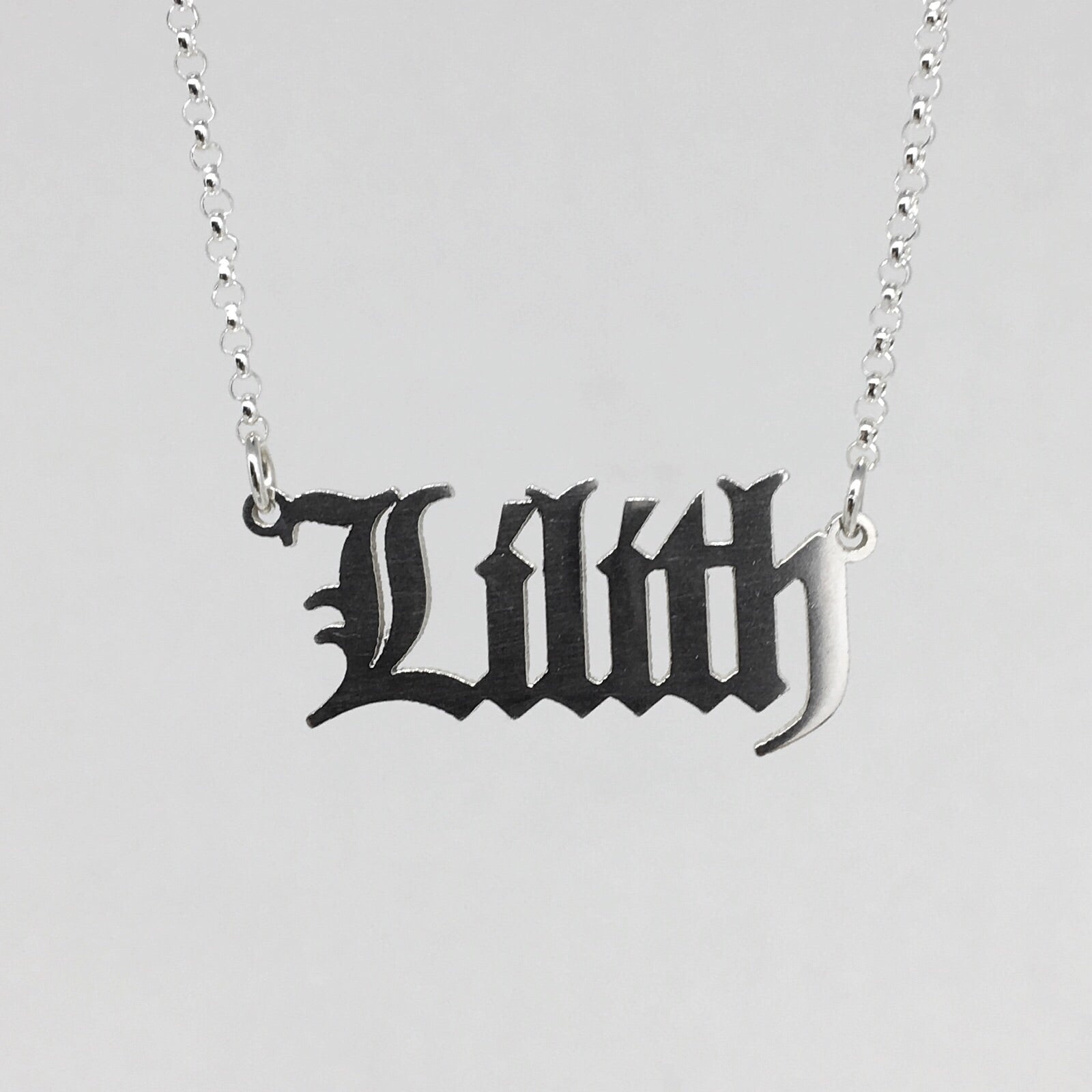 Sterling silver Lilith nameplate necklace in gothic blackletter font