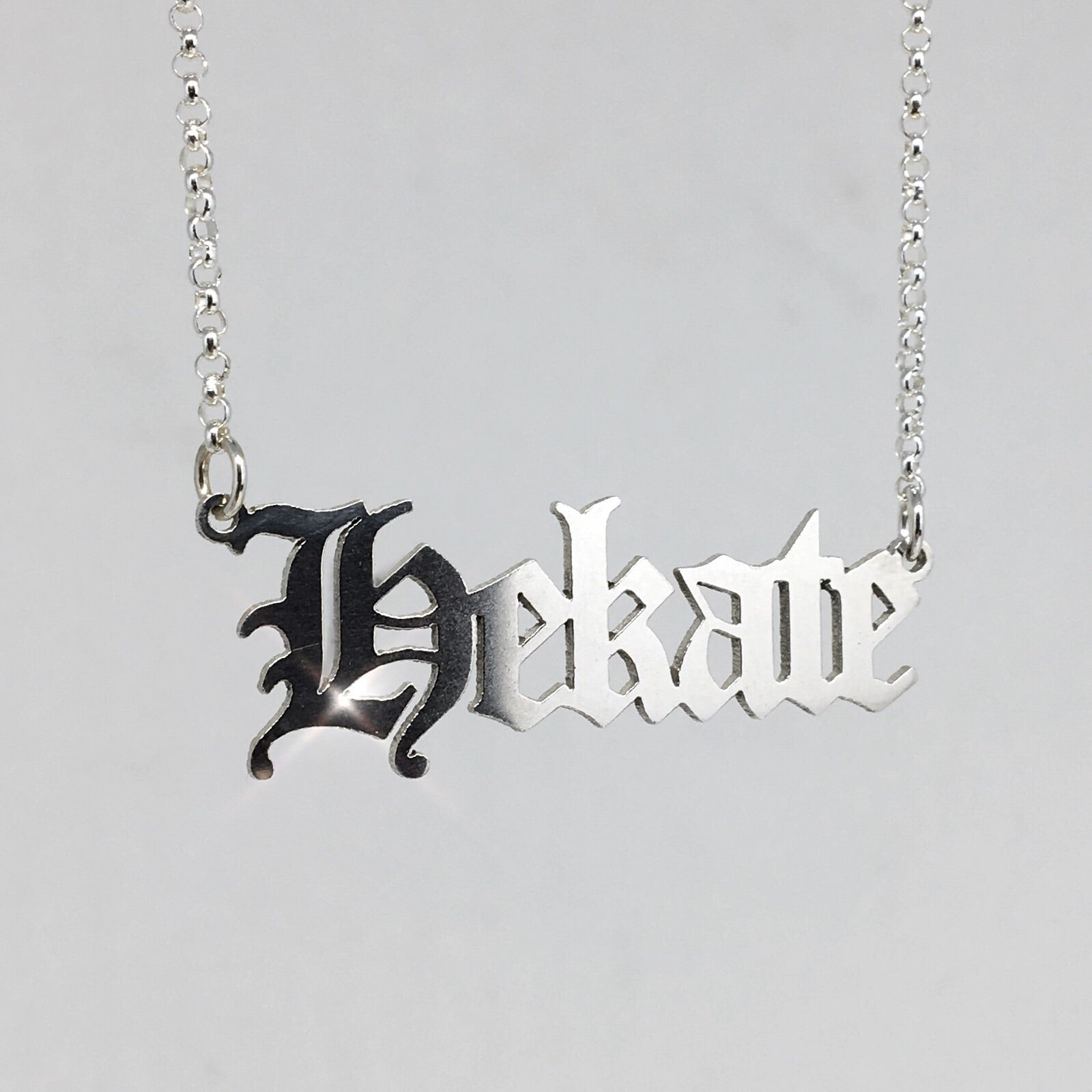 Gothic Blackletter Hekate Nameplate necklace in sterling silver