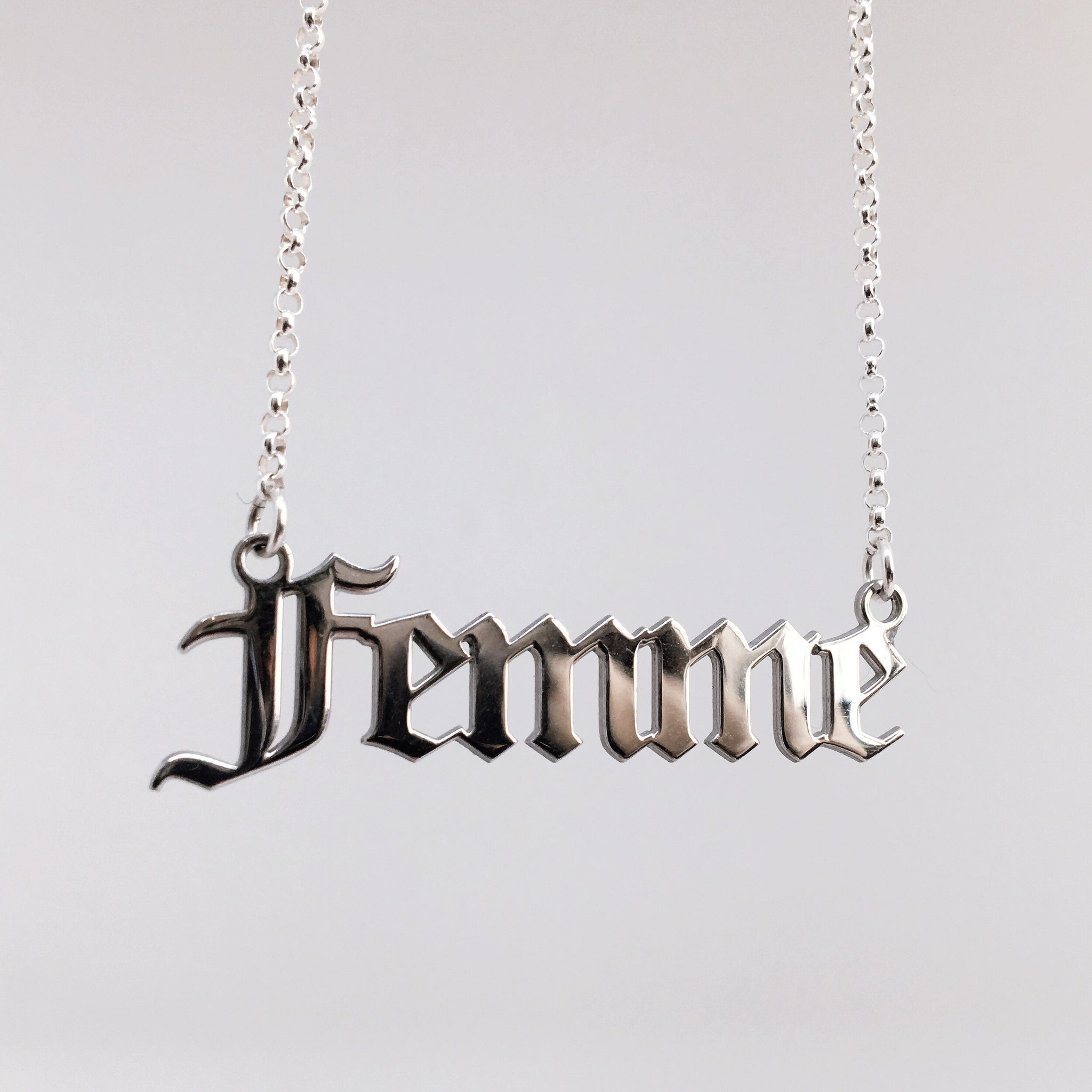 Gothic blackletter Femme Nameplate Necklace in sterling silver