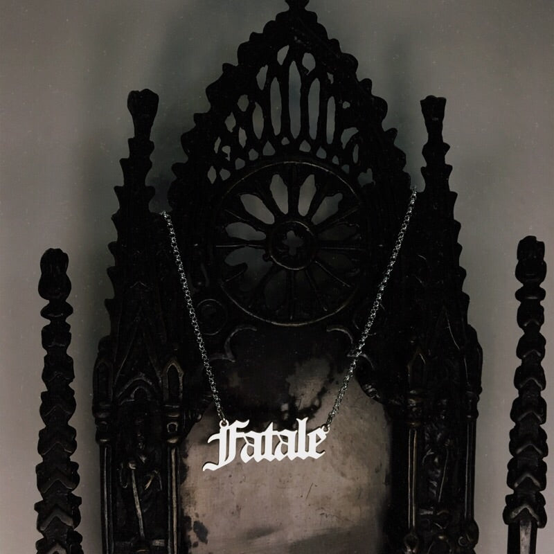 Sterling silver Fatale nameplate necklace in gothic blackletter font. 