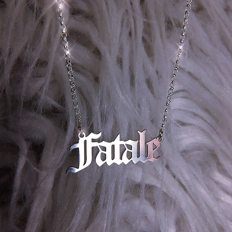 Sterling silver Fatale nameplate necklace in gothic blackletter font. 