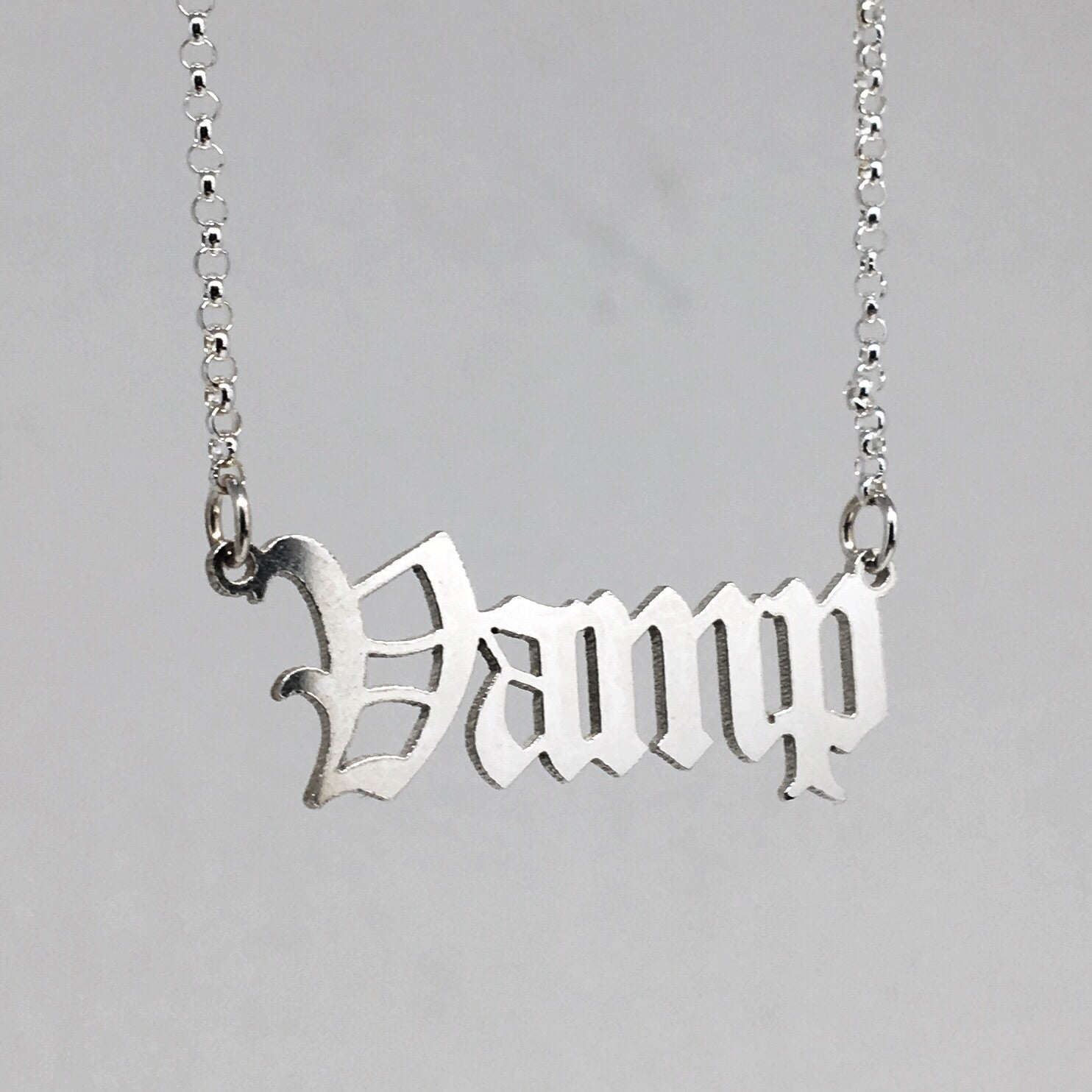 Vamp Nameplate Necklace in Sterling Silver Gothic Blackletter